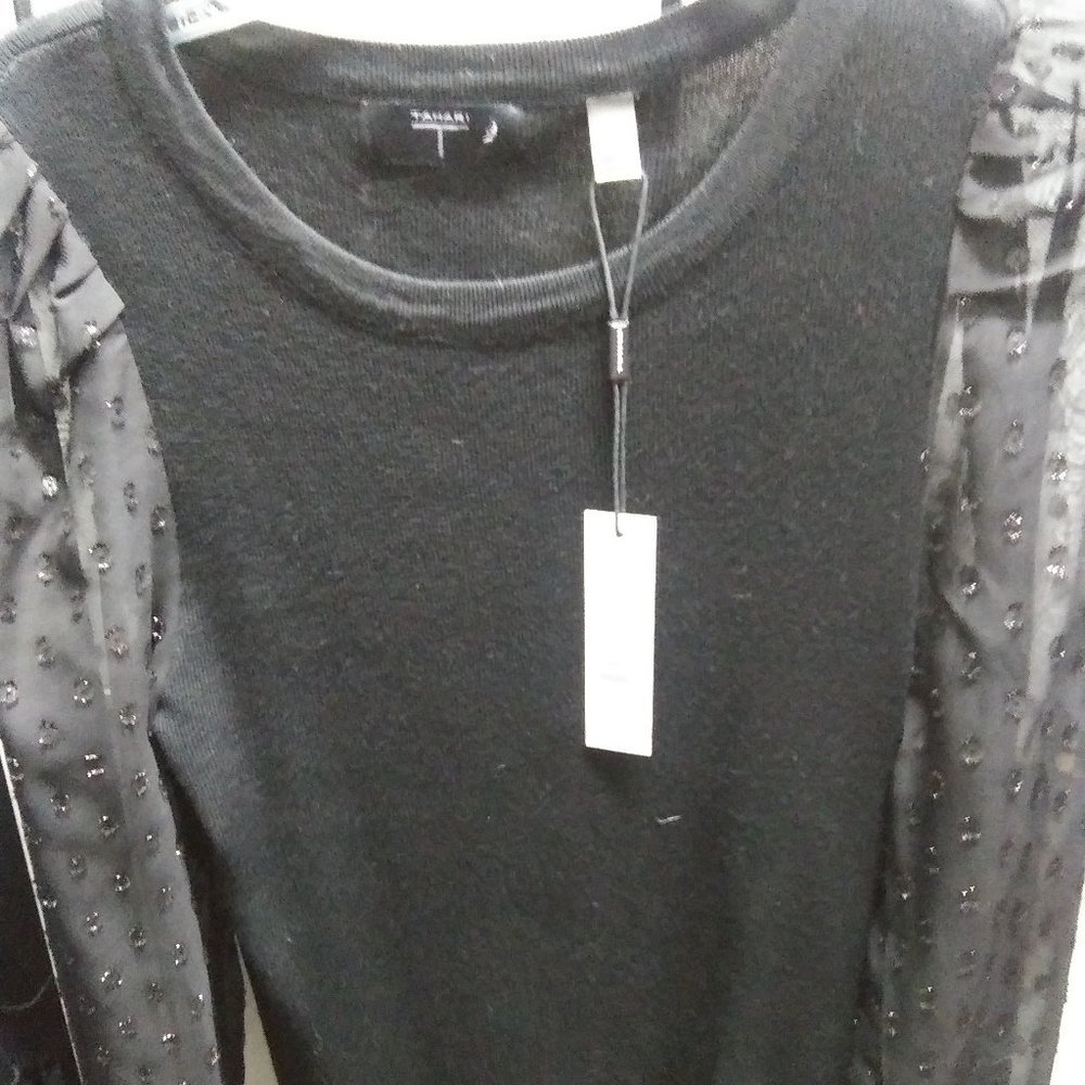 Tahari knit black top with sheer sleeves
